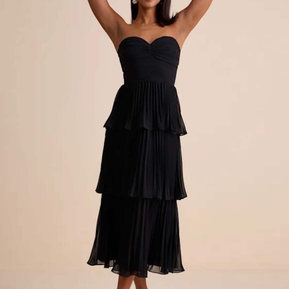 NWT- Lulus Seriously Sensational Black Strapless Tiered Midi Dress - Size L